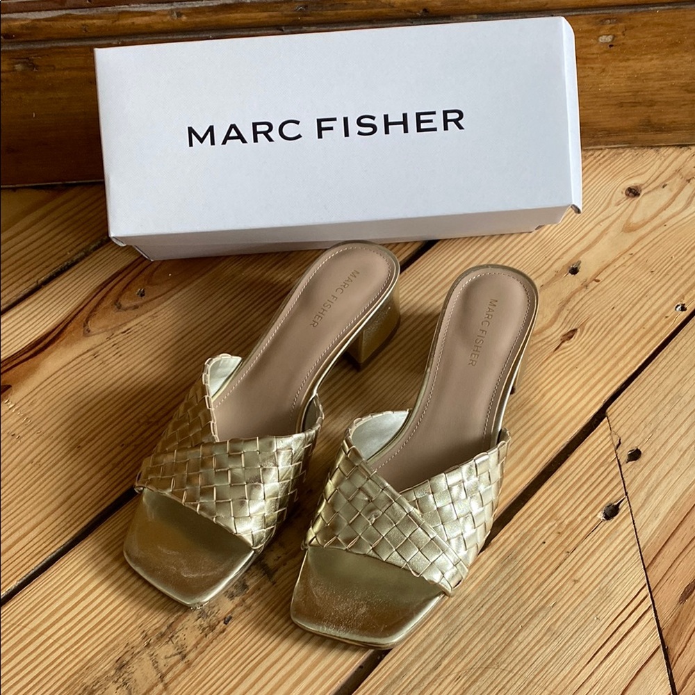 Marc Fisher Gold Woven Mules